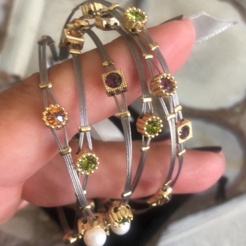 Set of 6 Whisper Thin Steel Bracelets w Pearls & Colored Crystals-Boutique